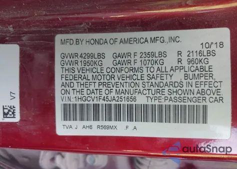 2018 Honda Accord Ex из США, поврежденный, VIN 1HGCV1F45JA251656